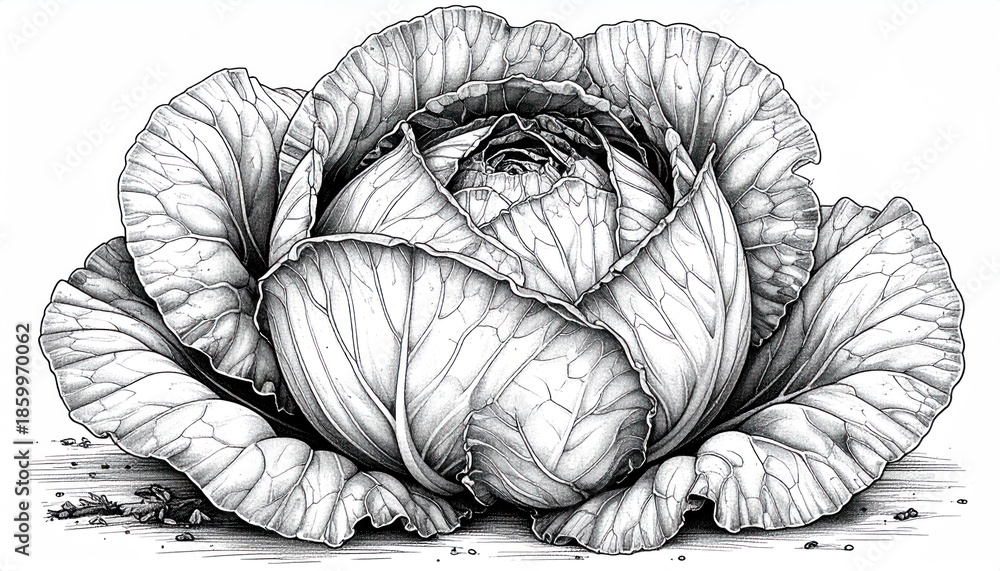 Fototapeta premium Detailed Black and White Cabbage Illustration with Intricate Leaf Texture.