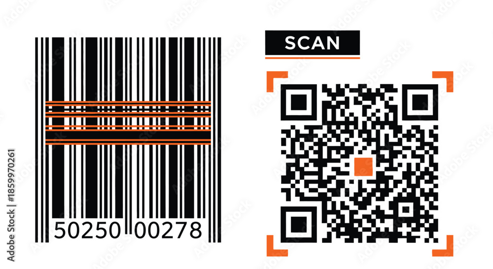 Obraz premium Barcode and QR code vector set, digital scan icons with orange accents, retail product identification labels for packaging design