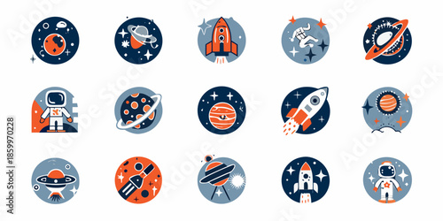 Collection of colorful space themed icons planets rockets astronauts and more