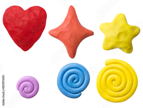 a collection of vibrant, hand-molded clay shapes including a red heart, star, and yellow star, plus pastel swirls on a transparent background.