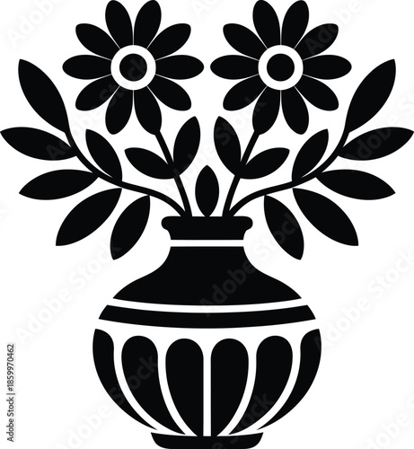 Vase with Floral Bouquet Silhouette Vector Design Art Black and White Simple