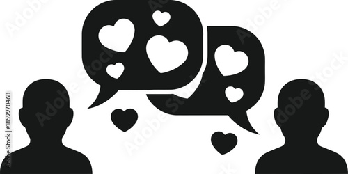 Two people silhouettes talking with hearts in speech bubbles, concept of love conversation, dating chat, or relationship communication icon