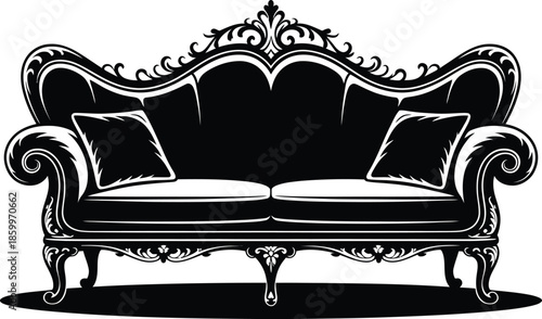 Elegant black and white silhouette of classic ornate sofa with pillows vector