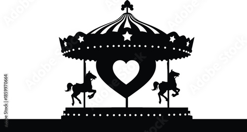 Carousel silhouette with heart centerpiece and two horses vector graphic