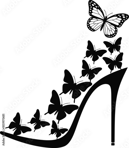 Elegant high heel shoe silhouette adorned with graceful butterflies fluttering around