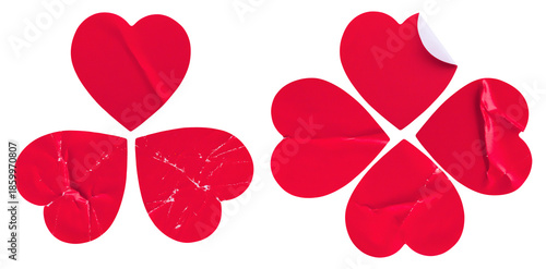Tableau sur toile crushed and torn red heart-shaped stickers, arranged in two clover-like formatio