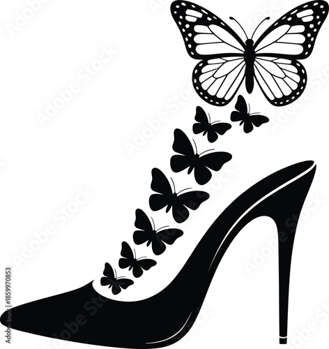 Heel shoe silhouette with butterfly flock flying upwards in black vector design