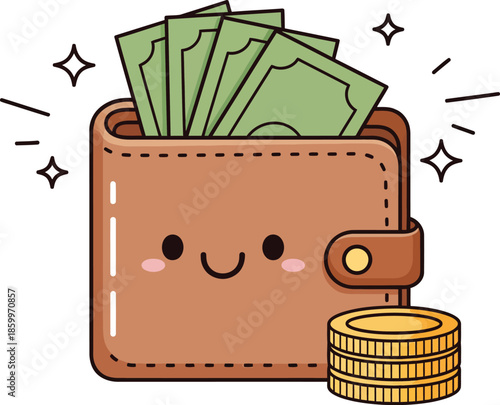 A cute brown kawaii wallet with a smiling face full of green cash banknotes and a stack of gold coins.