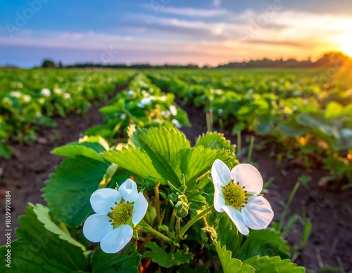 Strawberry Field Blossoms at Sunset - A Promising Harvest.