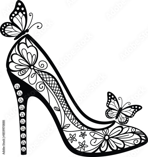 Intricate high heel shoe silhouette adorned with floral details and butterfly accents