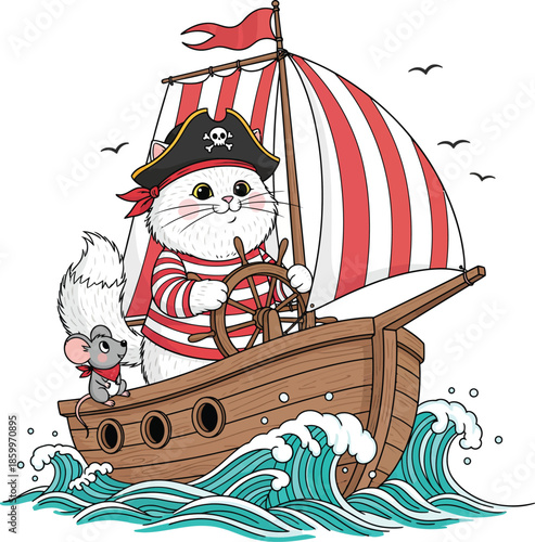 A cute cartoon cat pirate with a fluffy tail steering a wooden ship with a mouse companion on the high seas.