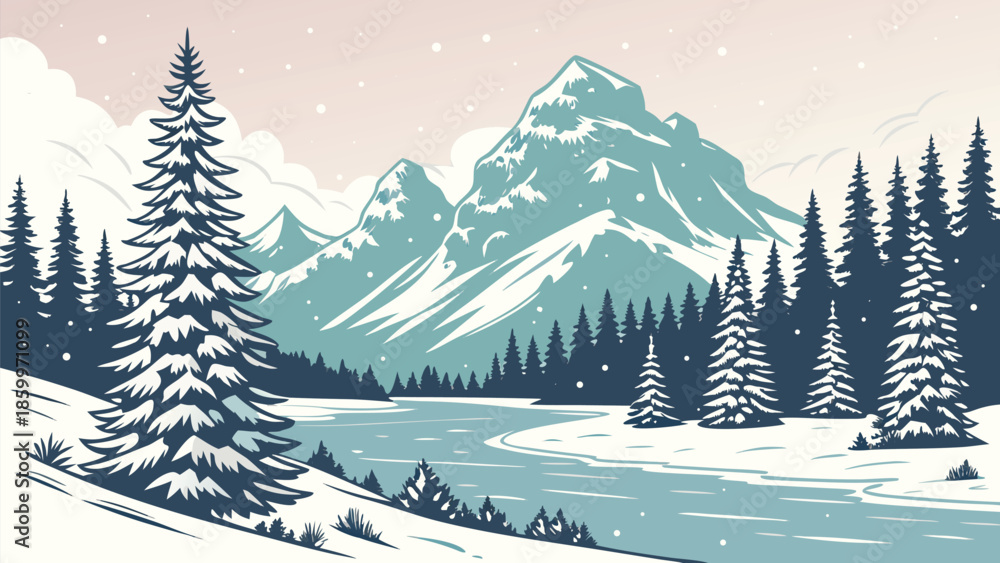 Fototapeta premium Gentle snowfall blankets a stunning pixel landscape of mountains and evergreen forests