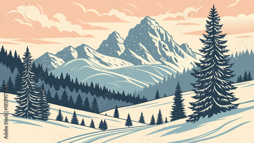 Serene pixel art mountain landscape with snow covered evergreen trees