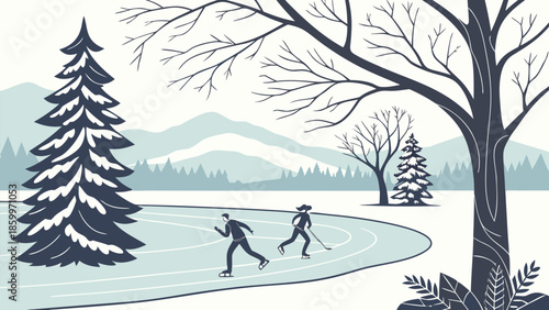 Two individuals enjoy a peaceful winter day ice skating on a pond