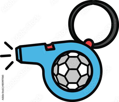 A light blue cartoon referee whistle with an integrated soccer ball and a black keychain ring.