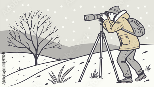 Photographer Capturing the Serene Beauty of a Snowy Winter Landscape Outdoors