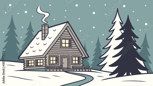 Cozy wooden cabin nestled in a serene snowy winter forest landscape