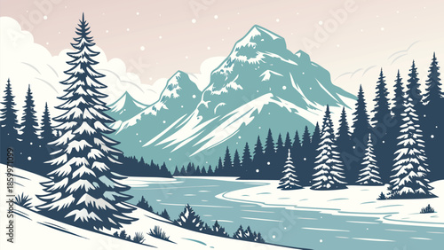 Gentle snowfall blankets a stunning pixel landscape of mountains and evergreen forests