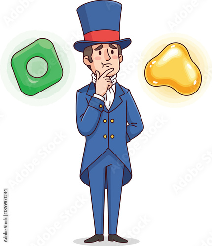 A pensive cartoon gentleman in a blue top hat and tailcoat thoughtfully choosing between a green square and a yellow blob.