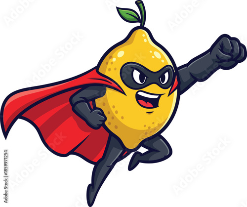 A powerful cartoon lemon superhero character flying with a flowing red cape and a determined smile.