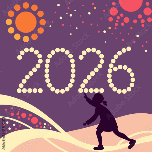 Abstract New Year design holiday card with Big numbers 2026 made of dots.