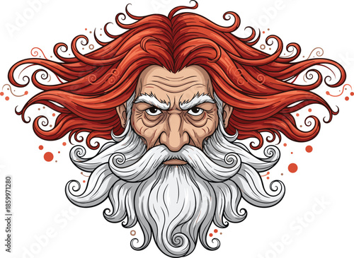 Powerful mythological god portrait with flowing red hair and white beard, fantasy character illustration, dramatic face, vector art design, logo