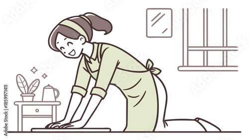 A smiling woman wearing an apron is cleaning the floor on her knees, with a plant and teapot on a side table nearby.