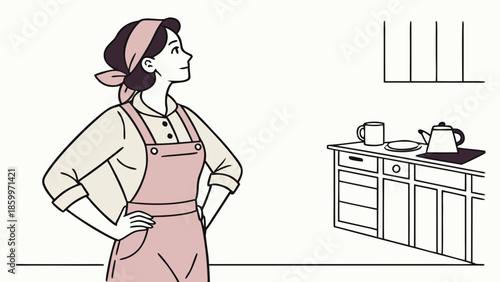 A woman in an apron stands in a kitchen, looking up thoughtfully.