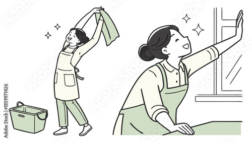 A woman happily cleaning a window and holding up a cloth, symbolizing a sense of accomplishment and cleanliness.