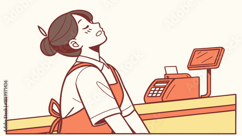 A tired cashier leans back with her eyes closed at a checkout counter with a cash register.