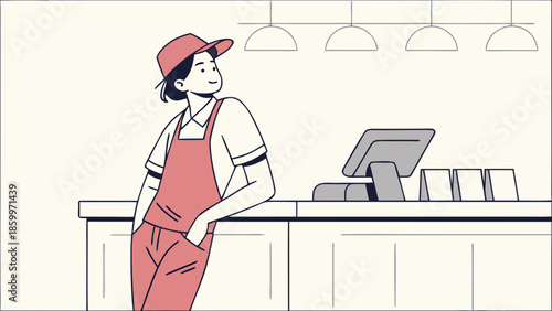 A friendly female barista or cashier in a red apron and cap leaning on a counter in a cafe or shop.