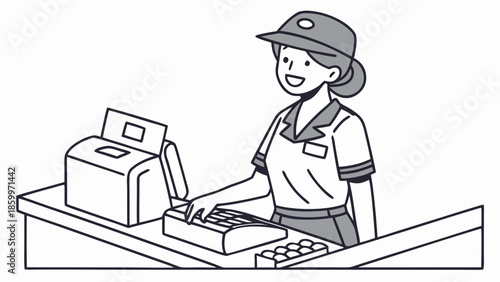 A smiling female cashier in uniform stands behind a counter with a cash register and receipt printer.