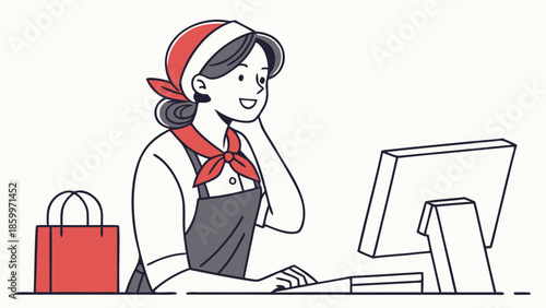 A smiling cashier in an apron and headscarf works at a computer at a checkout counter.