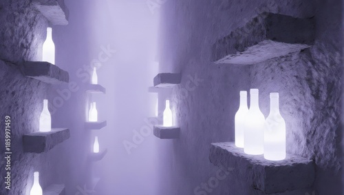 Ethereal Wine Cellar - Illuminated Bottles in a Mystical Setting.