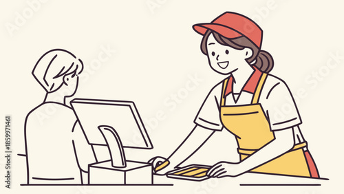 A friendly female cashier in uniform assisting a customer at a service counter with a computer and cash register.