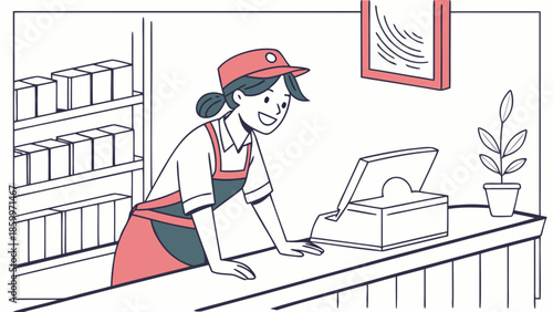 A smiling female store employee in uniform leaning on a counter with a cash register and shelves of products in a retail setting.