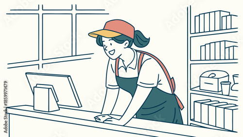 A smiling cashier in an apron and cap stands behind a counter with a computer screen.