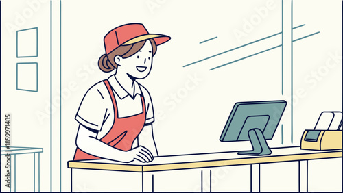 Female retail worker standing behind a counter with a computer.