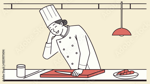 A smiling chef in a white uniform leans on a cutting board with a knife, resting their head on their hand.