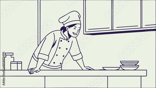 A smiling chef in a white uniform leans over a kitchen counter with plates.