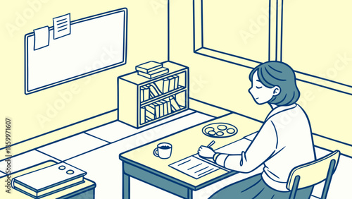 A young woman studying at a desk in a room with a bookshelf and whiteboard, focused on her work.