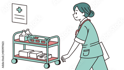 Female nurse in scrubs pushing a medical cart with supplies in a hospital setting.
