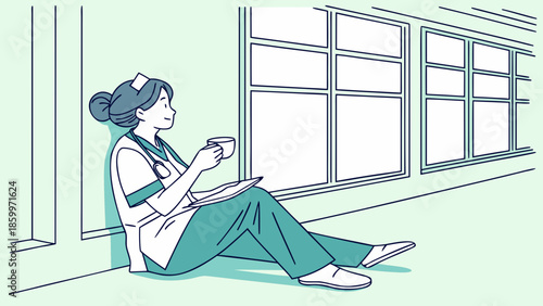 A nurse in scrubs sits on the floor, holding a cup of coffee and a tablet, looking out a window.