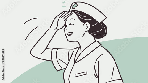 A smiling nurse in uniform salutes with her hand shielding her eyes from the sun.