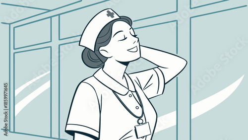 A happy and relaxed female nurse with her eyes closed, enjoying a peaceful moment.