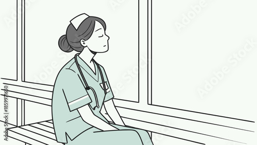 Illustration of a tired female nurse in scrubs resting on a bench by a window, eyes closed, taking a break from work.
