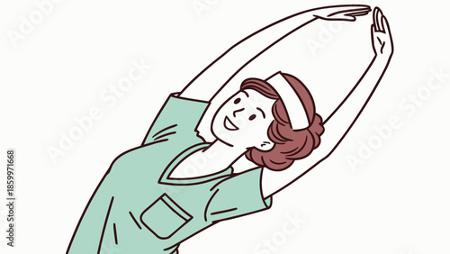 A woman in a teal scrub top and headband performs a side bend stretch with her arms raised overhead.