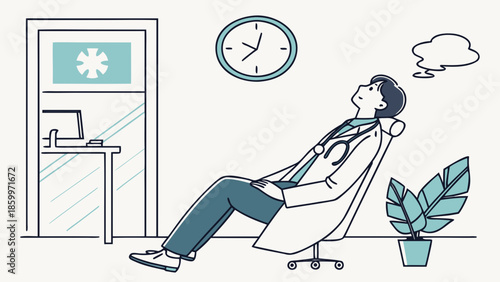A tired doctor in a white coat and stethoscope rests in a chair in a clinic office, with a clock and plant.