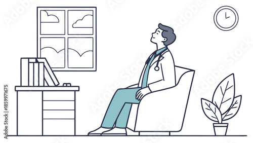 A doctor in a white coat sits in a chair in his office, looking up with his eyes closed, appearing relaxed.