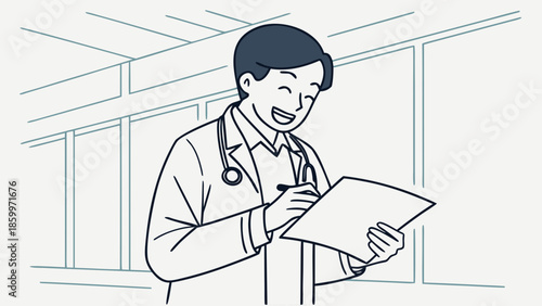 A smiling doctor in a white coat with a stethoscope around his neck is writing on a document while standing in a hallway.